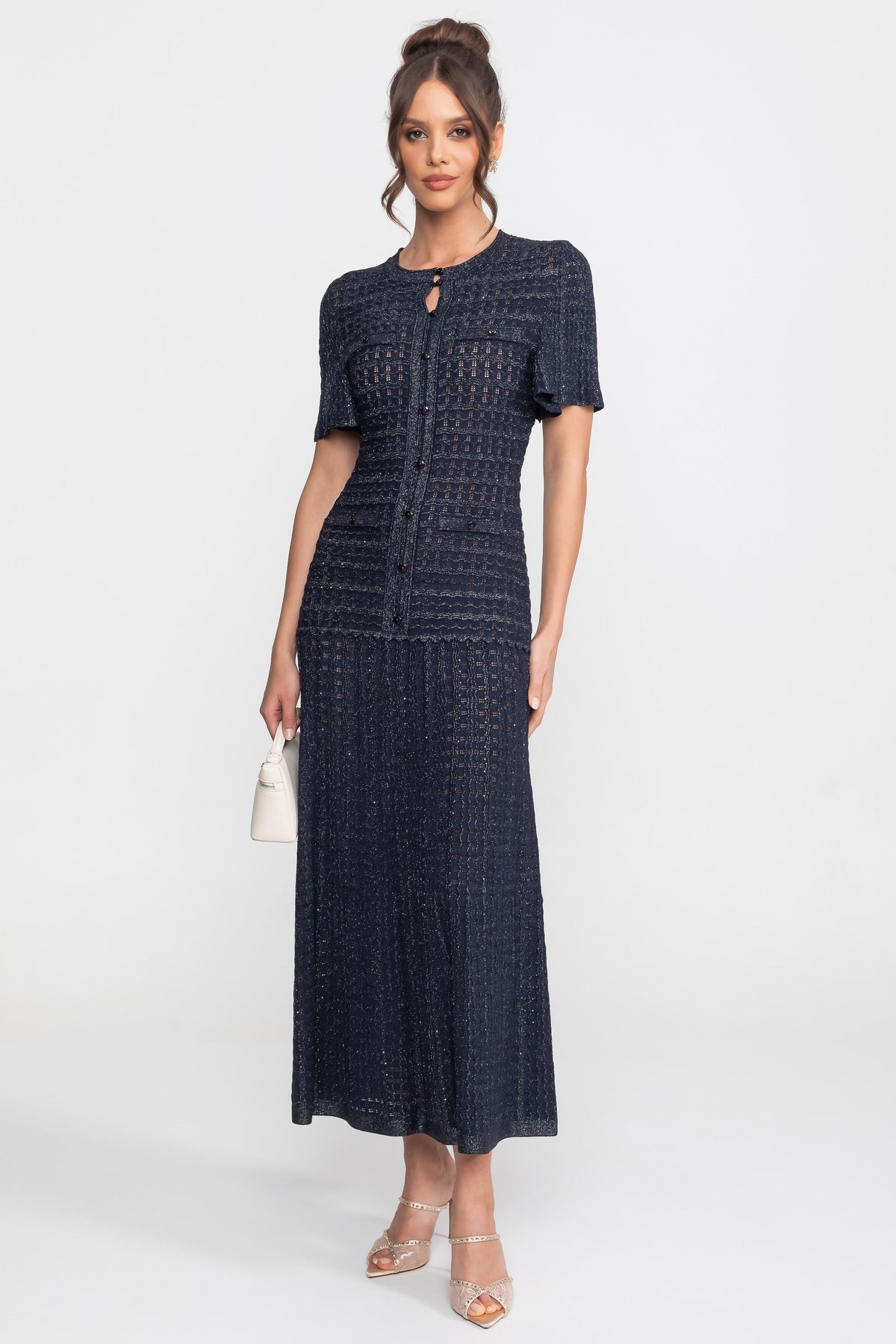 Shimmer Knit Short Sleeve Button Front Keyhole Neck Midi Dress 2
