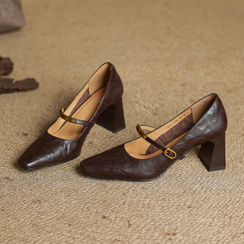 Square Toe Ankle Strap Block Heel Mary Jane Pumps