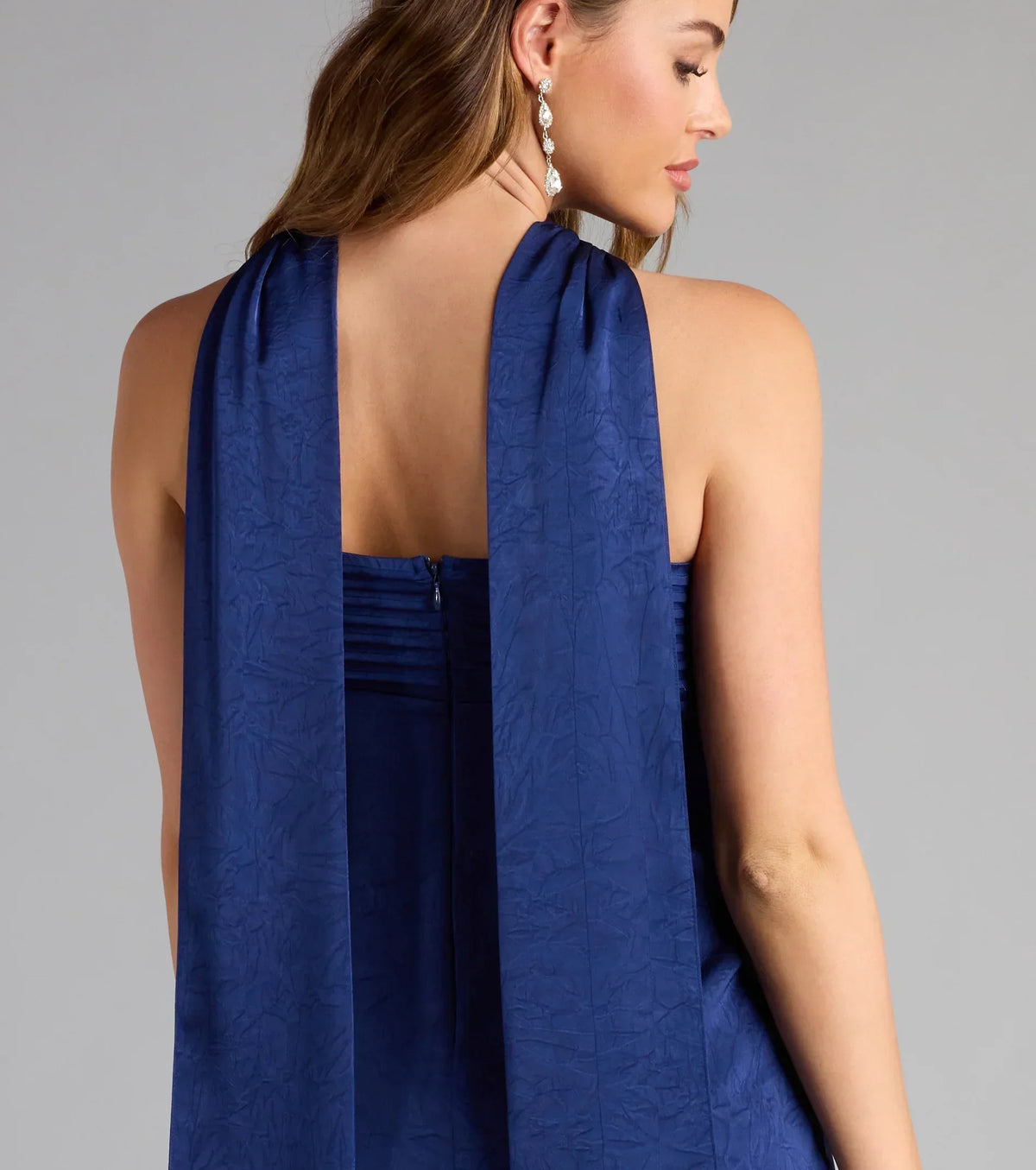 Satin Strapless Pleated Bust A-Line Mini Dress with Neck Scarf 5