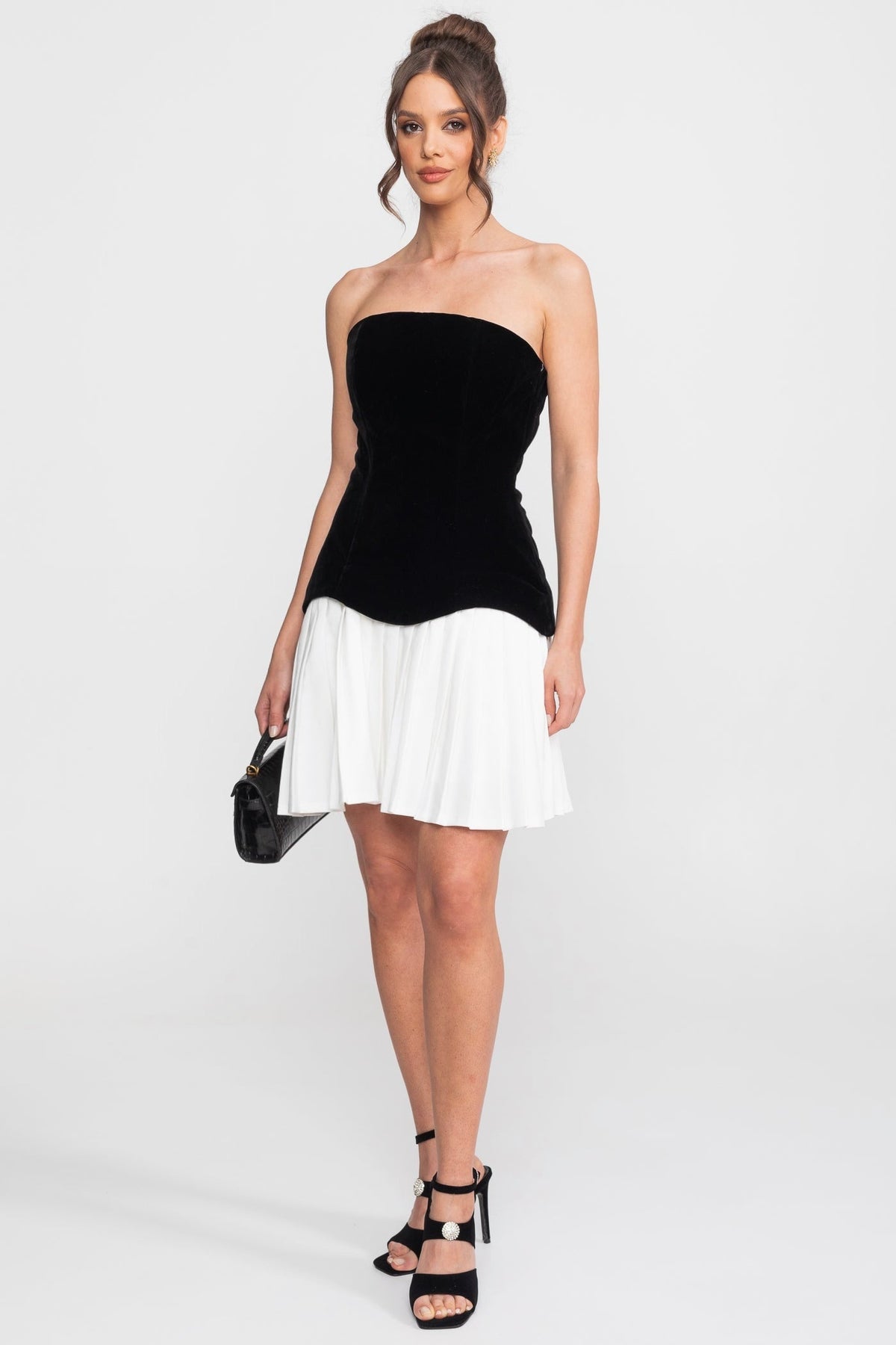 Velvet Strapless Corset Bodice Contrast Pleated Skirt Mini Dress 2