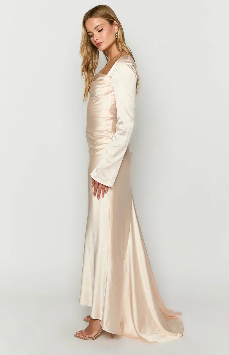 Satin Square Neck Long Sleeve Mermaid Maxi Gown with Train 4