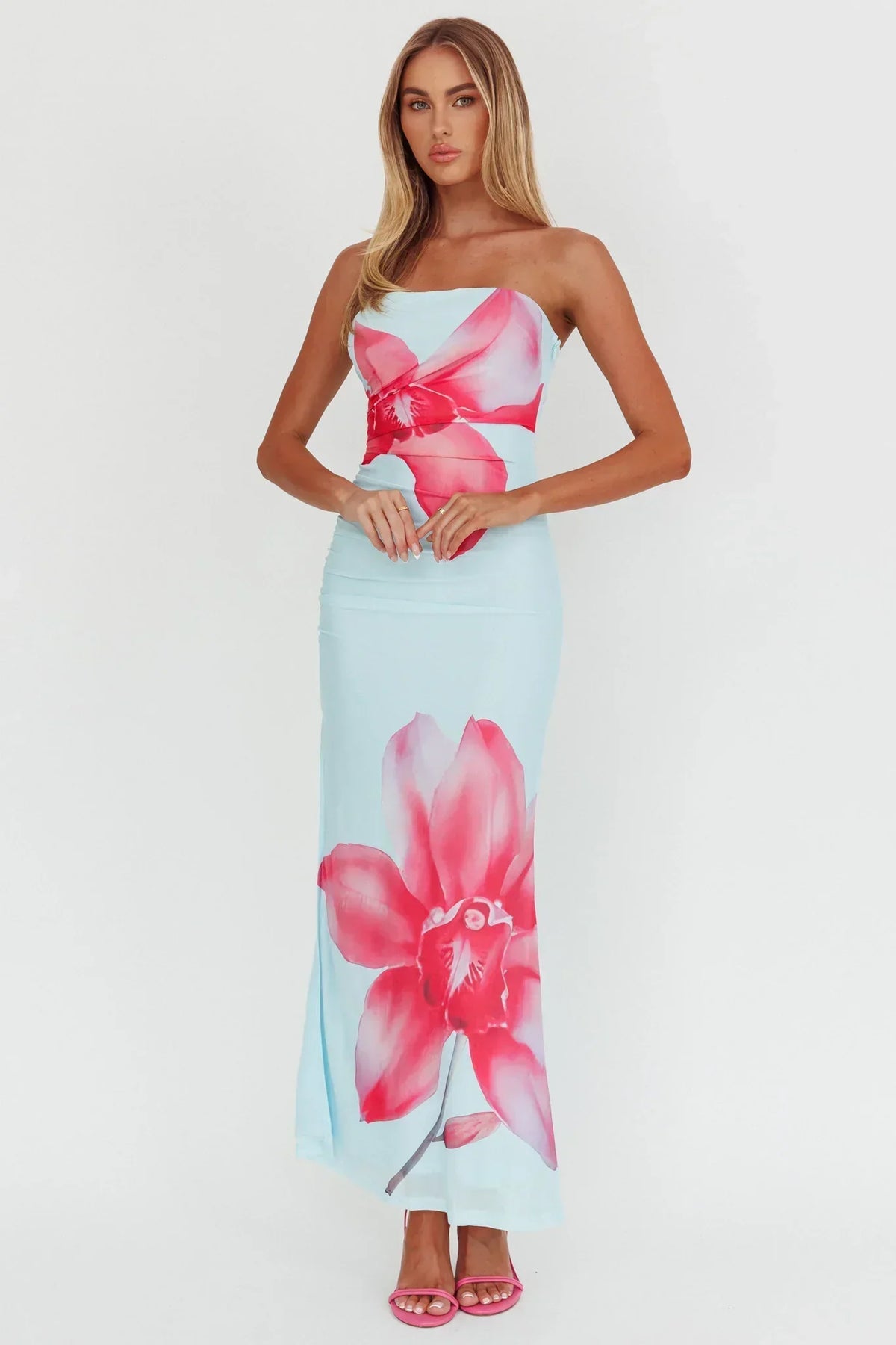 Large Floral Print Strapless Ruched Bodycon Maxi Dress 6