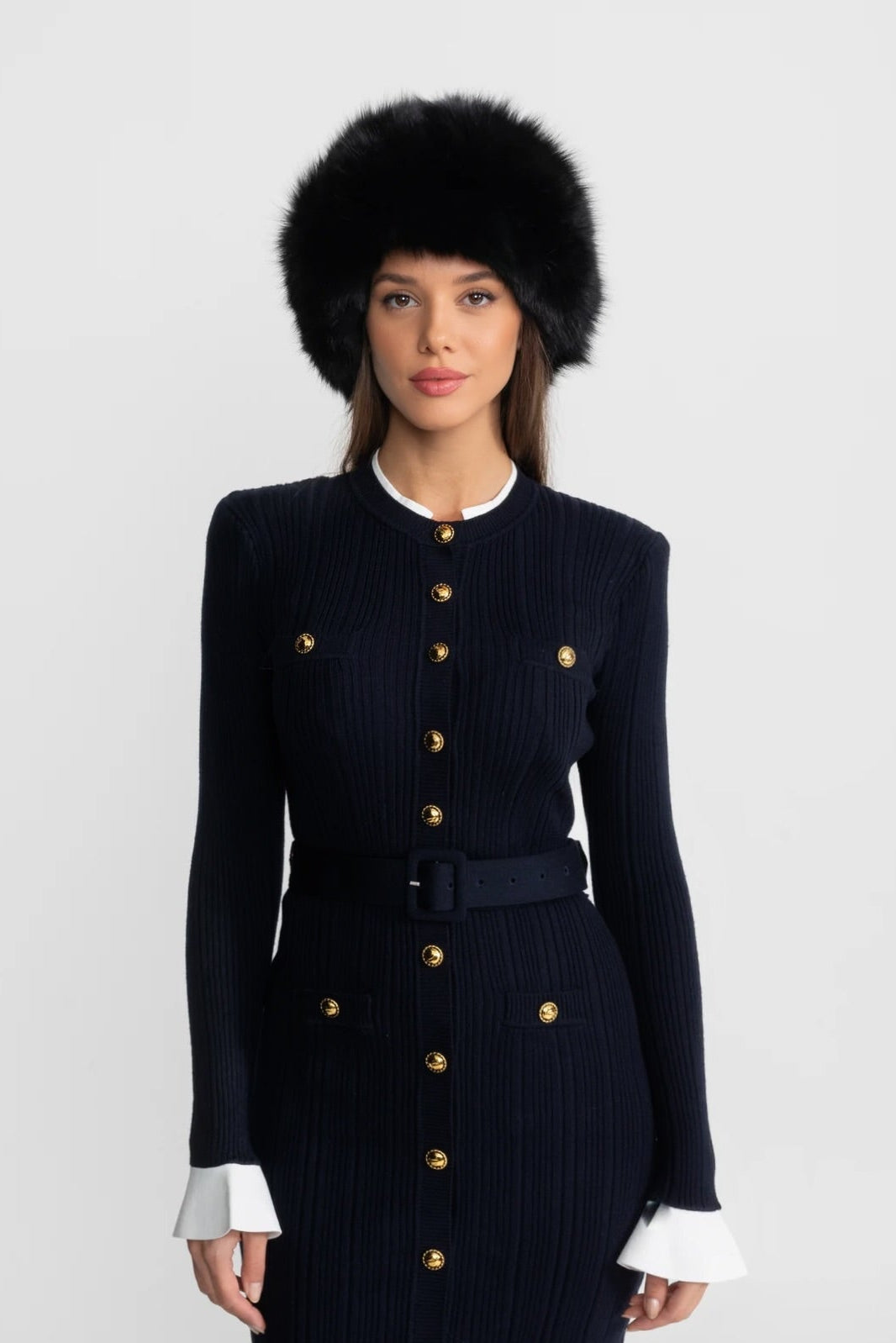 Ribbed Knit Button Front Long Sleeve Contrast Cuff A-Line Midi Dress 3