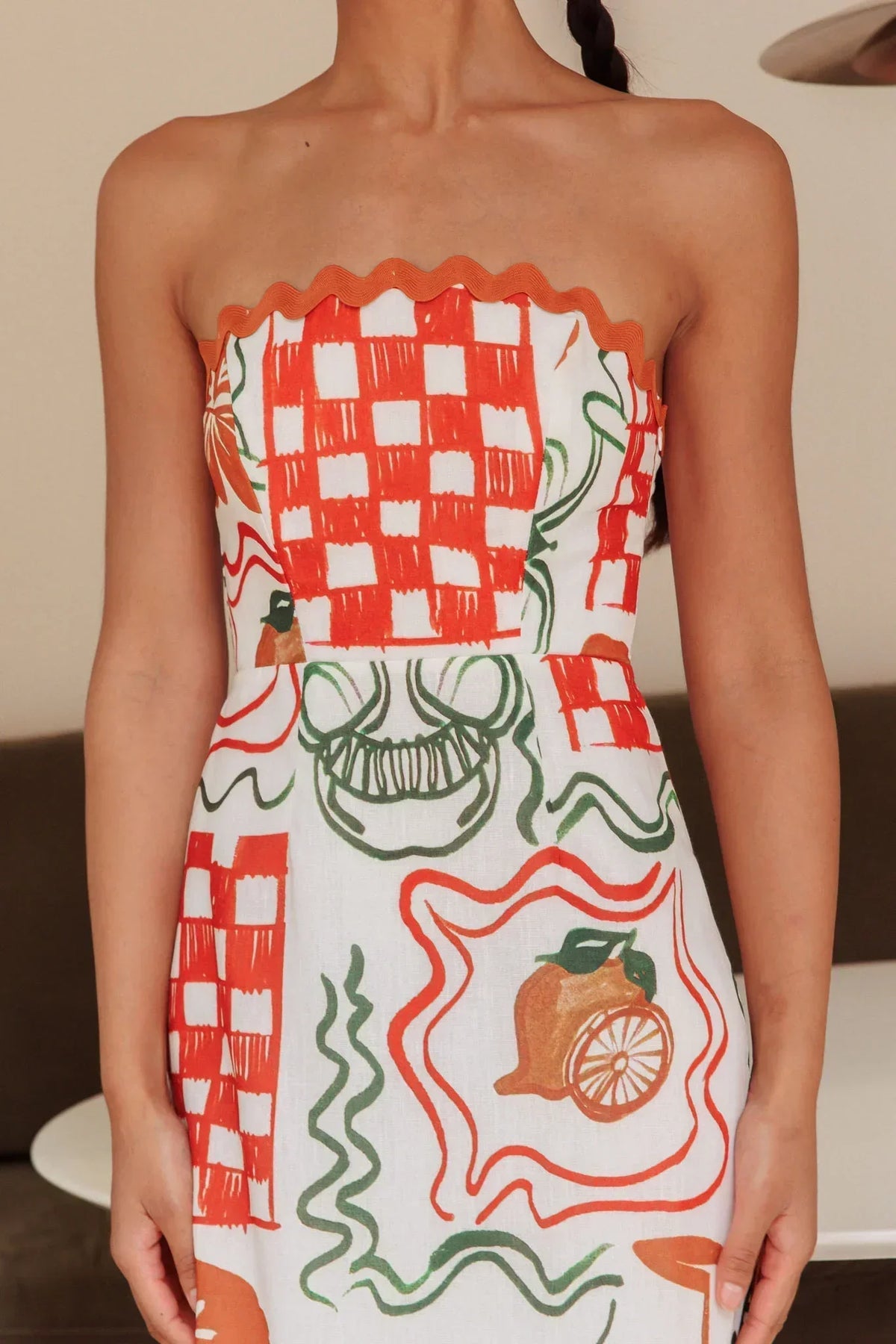 Graphic Print Ric Rac Trim Strapless Midi Dress 5