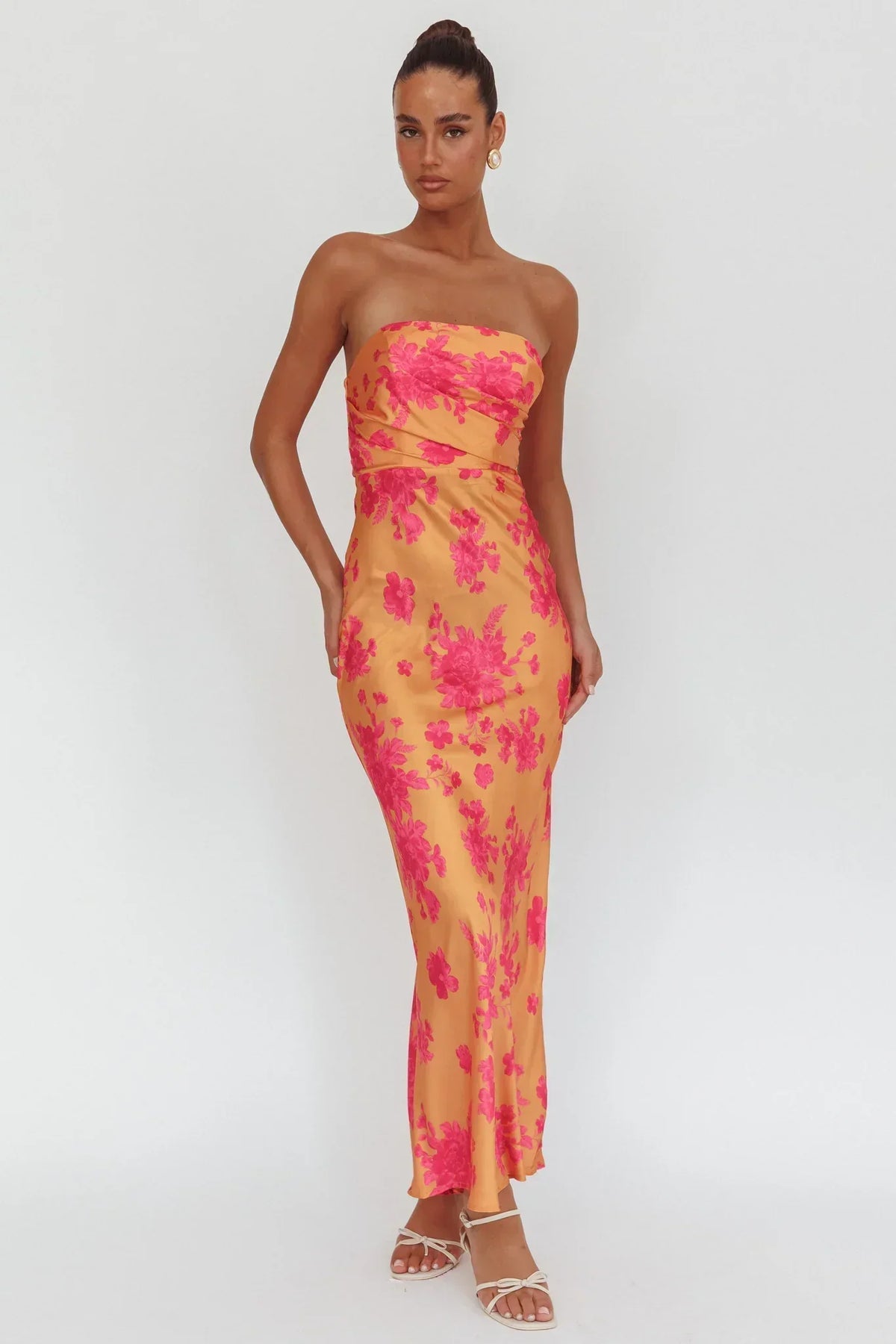 Floral Print Satin Strapless Bias Cut Maxi Dress 3