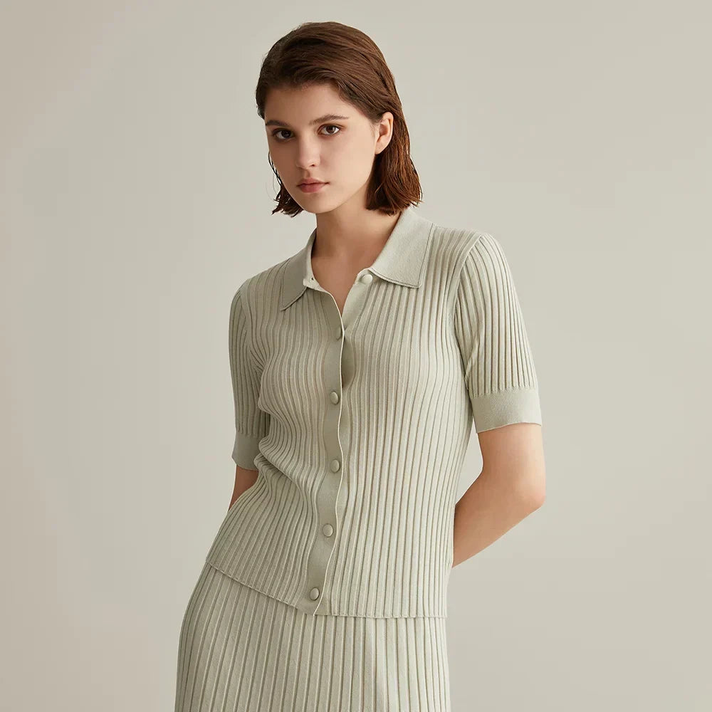 Polo Collar Short Sleeve Button Front Ribbed Knit Top 3