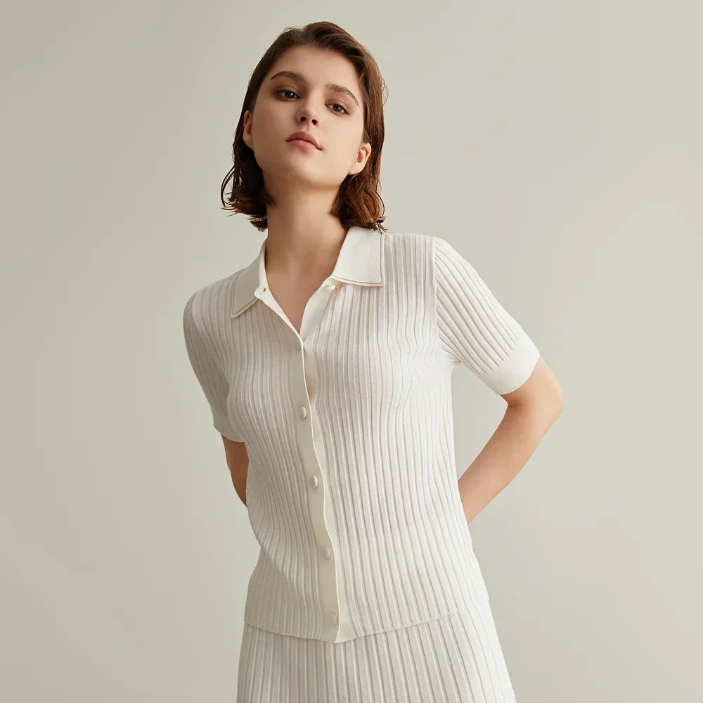 Polo Collar Short Sleeve Button Front Ribbed Knit Top 5