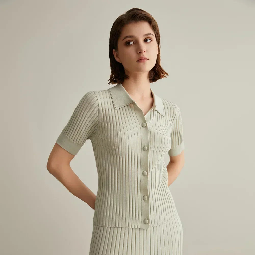 Polo Collar Short Sleeve Button Front Ribbed Knit Top