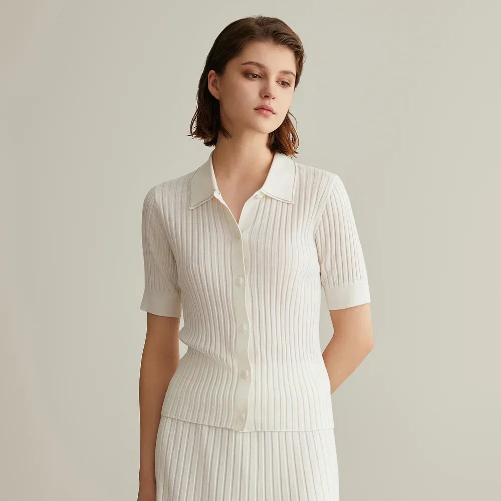 Polo Collar Short Sleeve Button Front Ribbed Knit Top 4