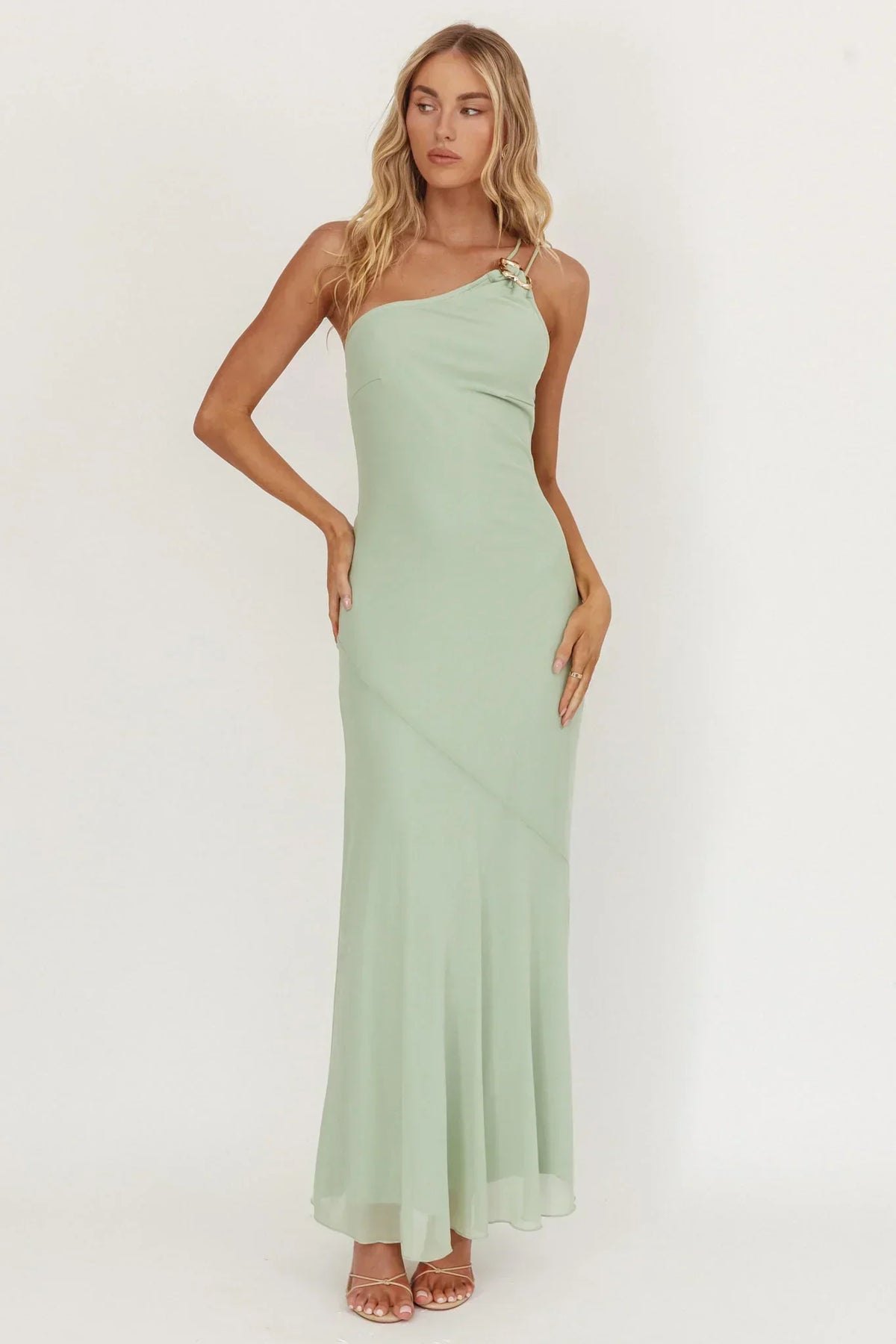 We Belong Together One-Shoulder Buckle Maxi Dress Mint