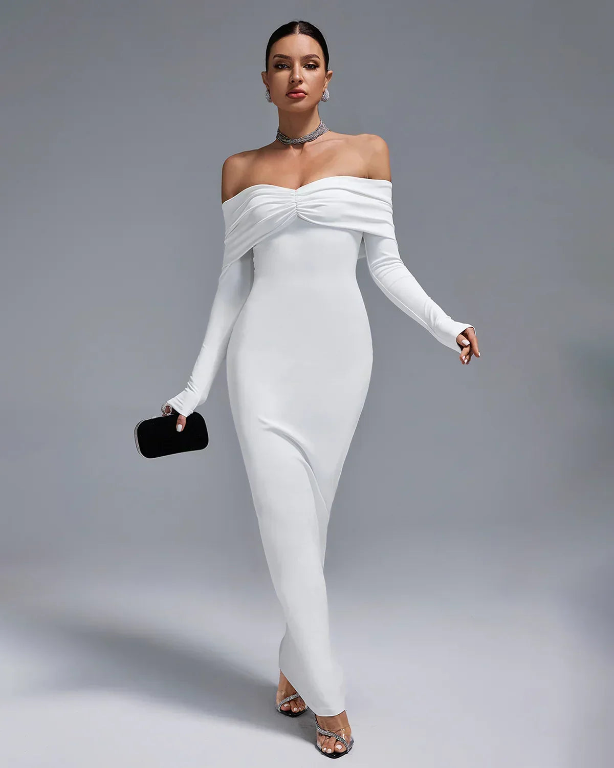 Off Shoulder Ruched Fold Long Sleeve Mermaid Maxi Dress 10