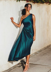 One Shoulder Pleated Satin Maxi Dress 15