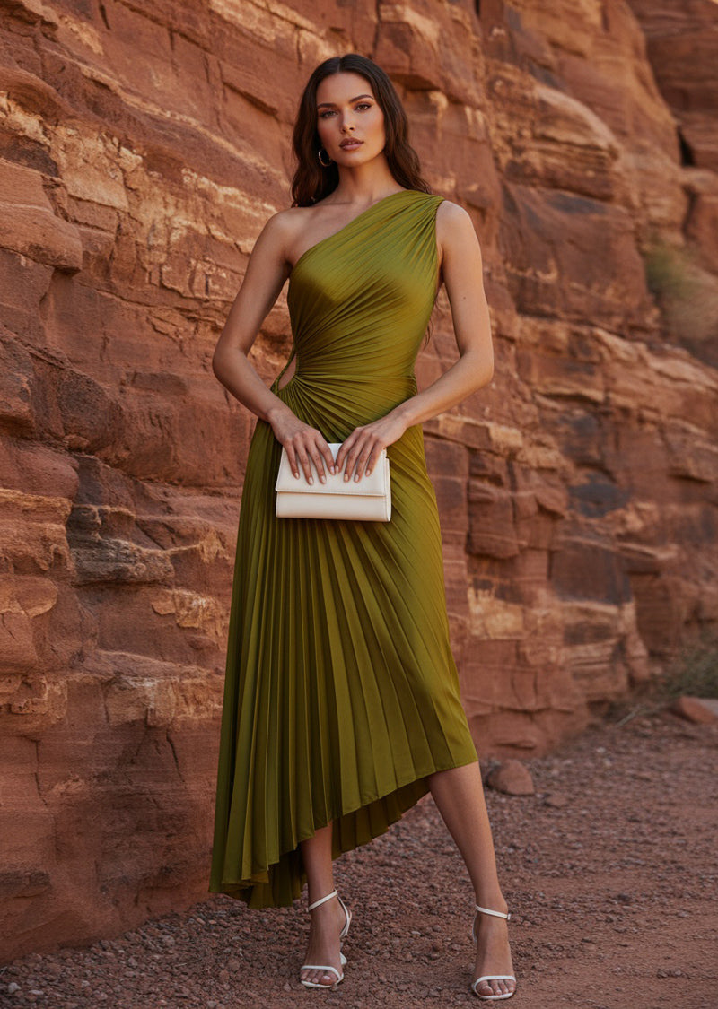 One Shoulder Pleated Satin Maxi Dress 17