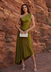 One Shoulder Pleated Satin Maxi Dress 17