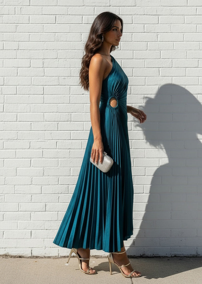 One Shoulder Pleated Satin Maxi Dress 6