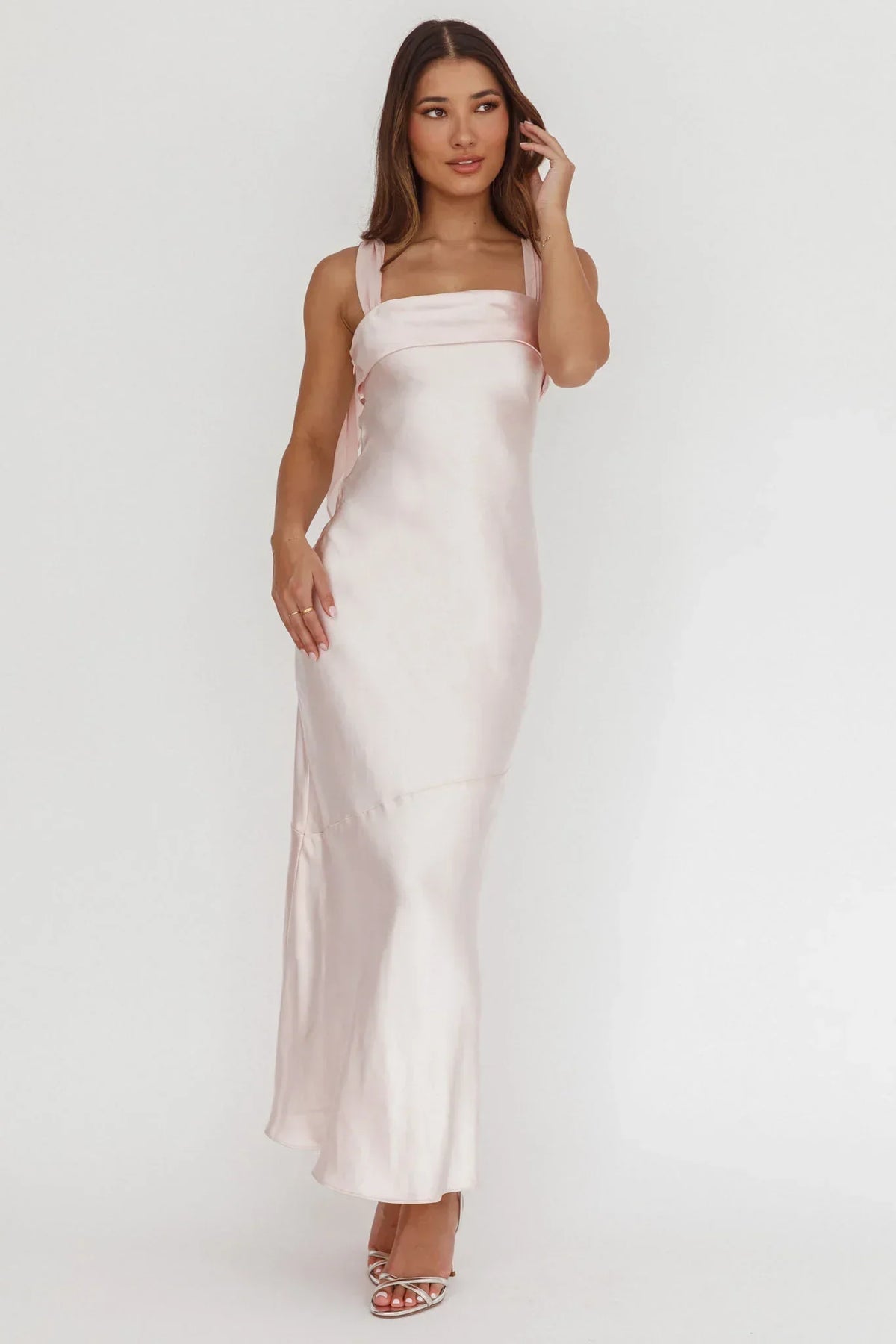 Satin Fold Over Neckline Wide Strap Bias Cut Midi Dress 5