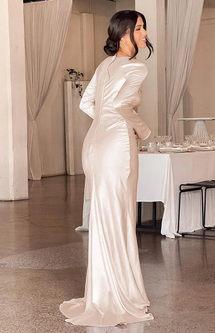 Satin Square Neck Long Sleeve Mermaid Maxi Gown with Train 5