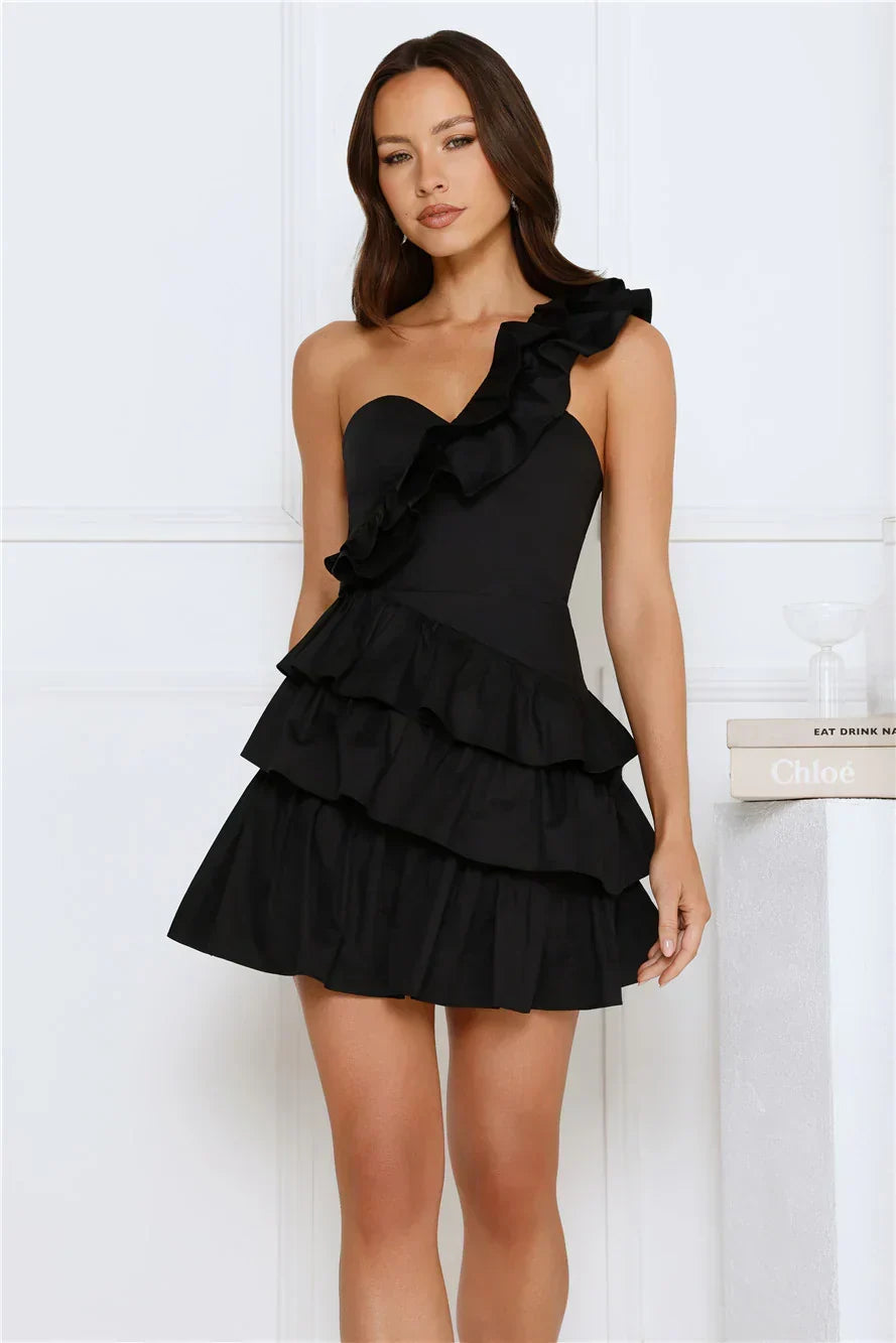 One Shoulder Ruffle Trim Sweetheart Tiered Ruffle Mini Dress 4