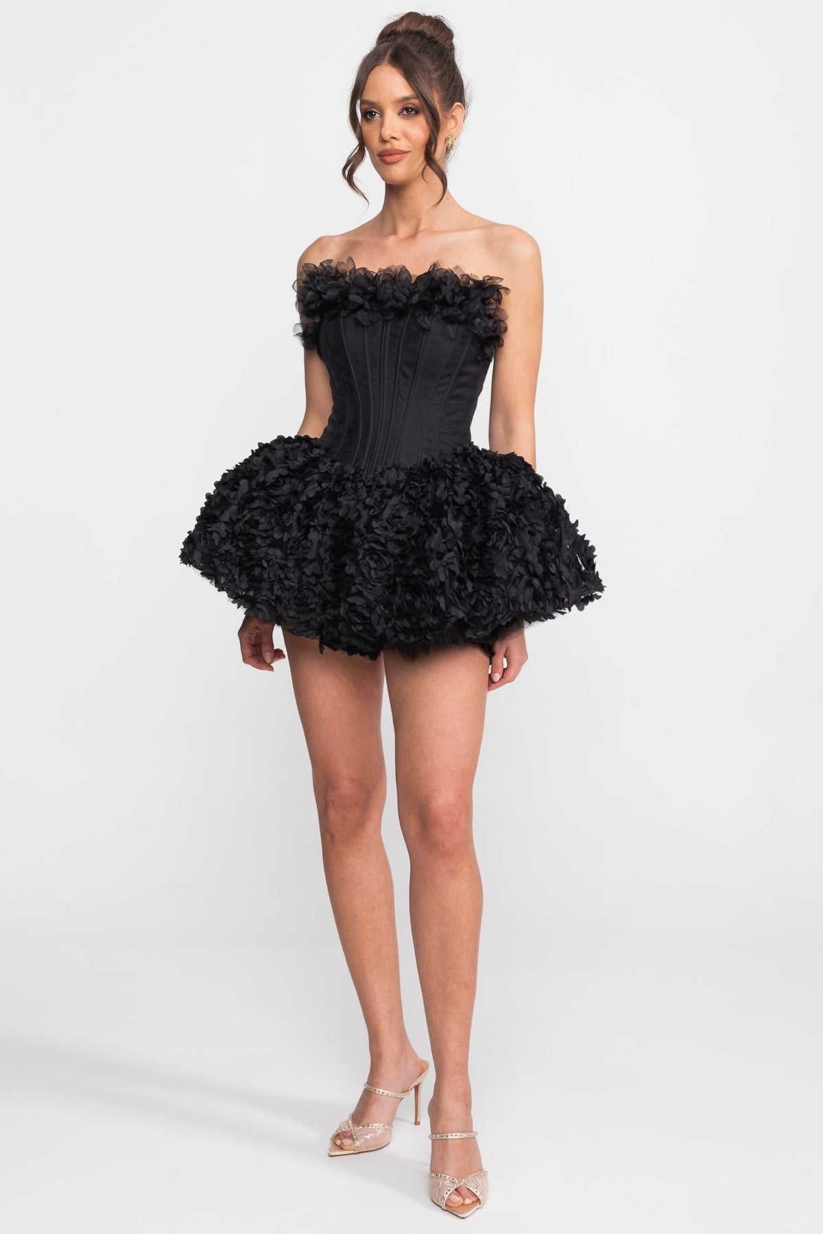 Strapless Corset Bodice 3D Floral Applique Skirt Mini Dress