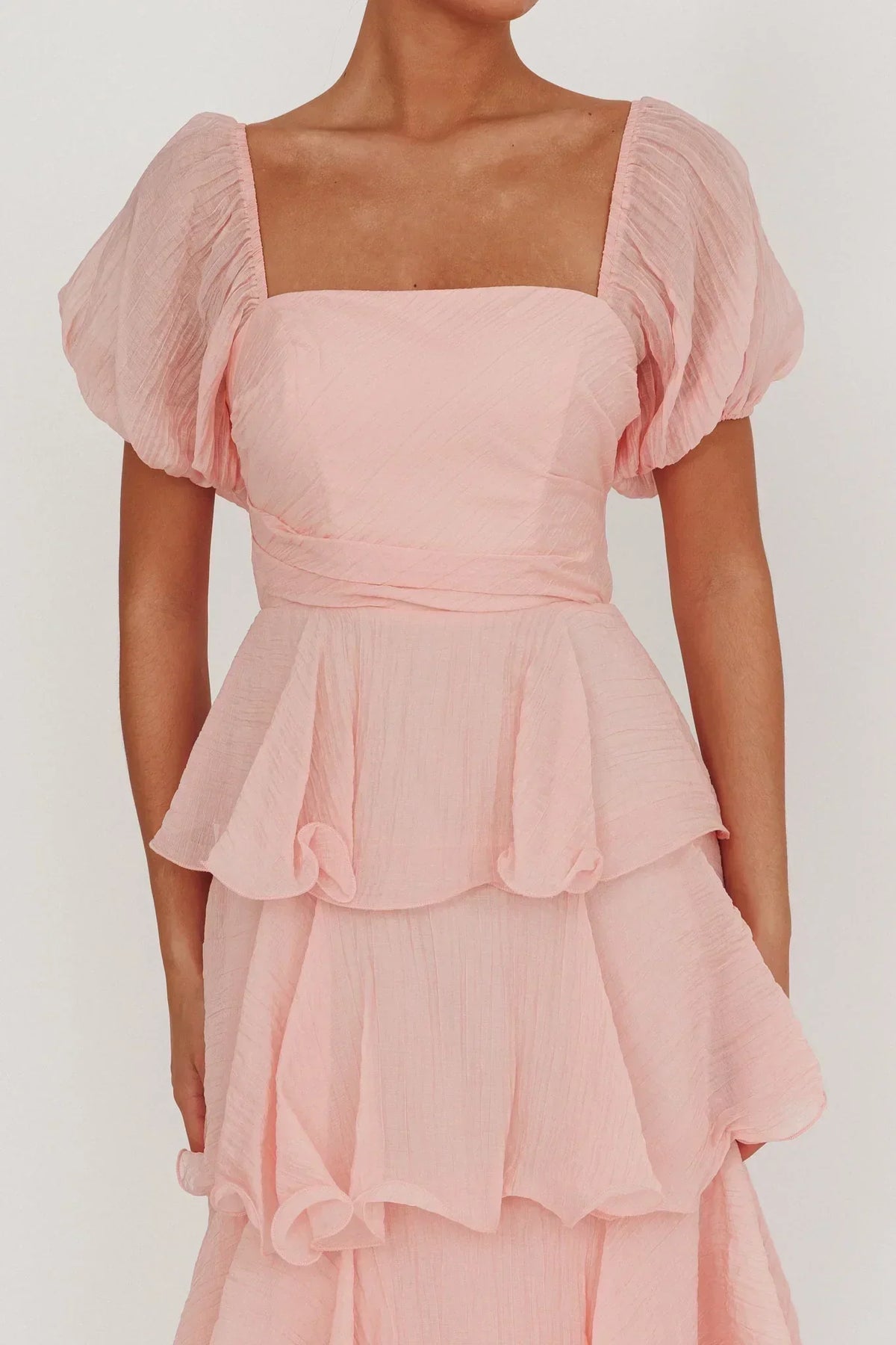 Square Neck Puff Sleeve Tiered Ruffle Midi Dress 3