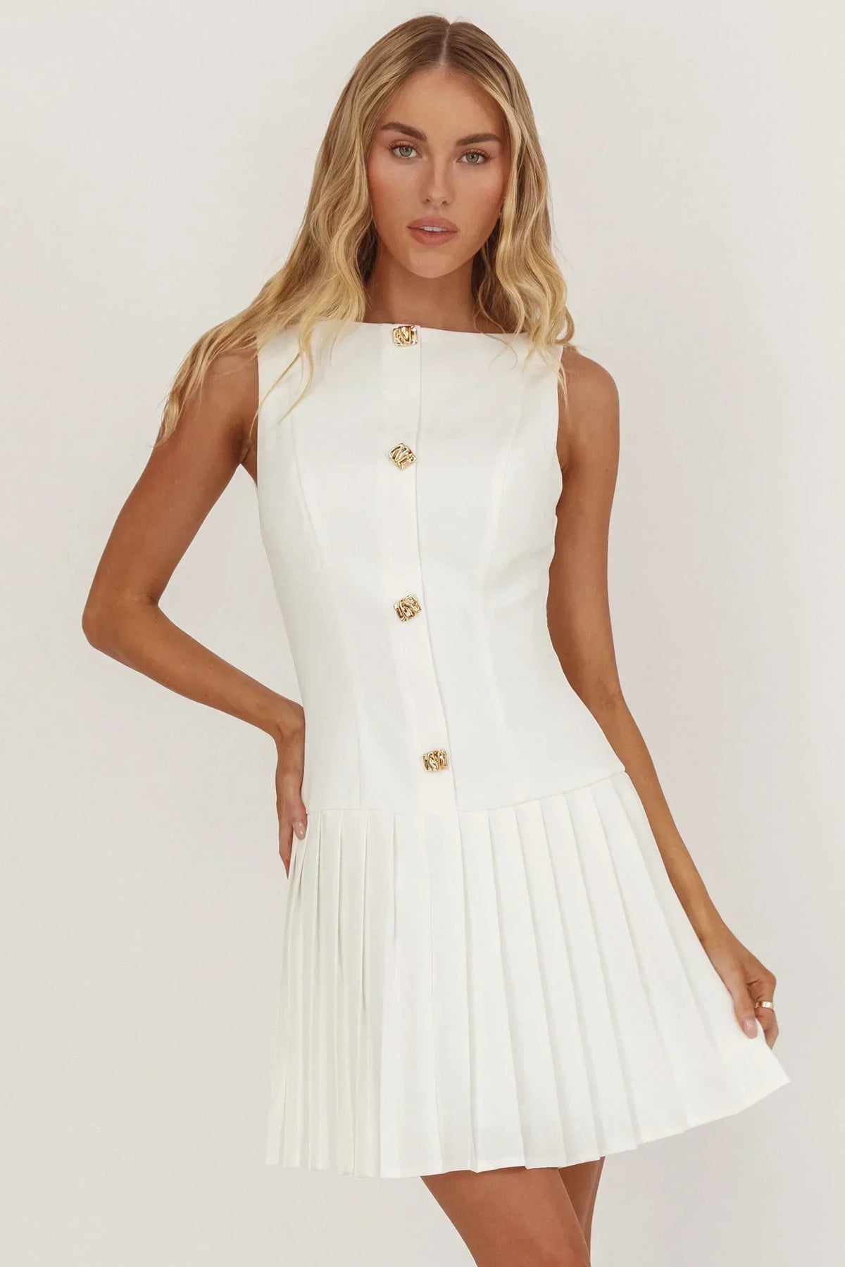 Sleeveless Boat Neck Button Front Drop Waist Pleated Mini Dress 5