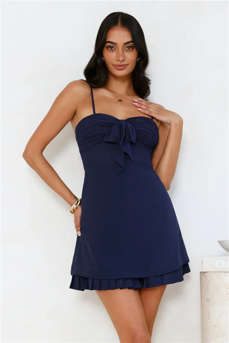 Ruched Bust Bow Front Spaghetti Strap Pleated Hem A-Line Mini Dress 3