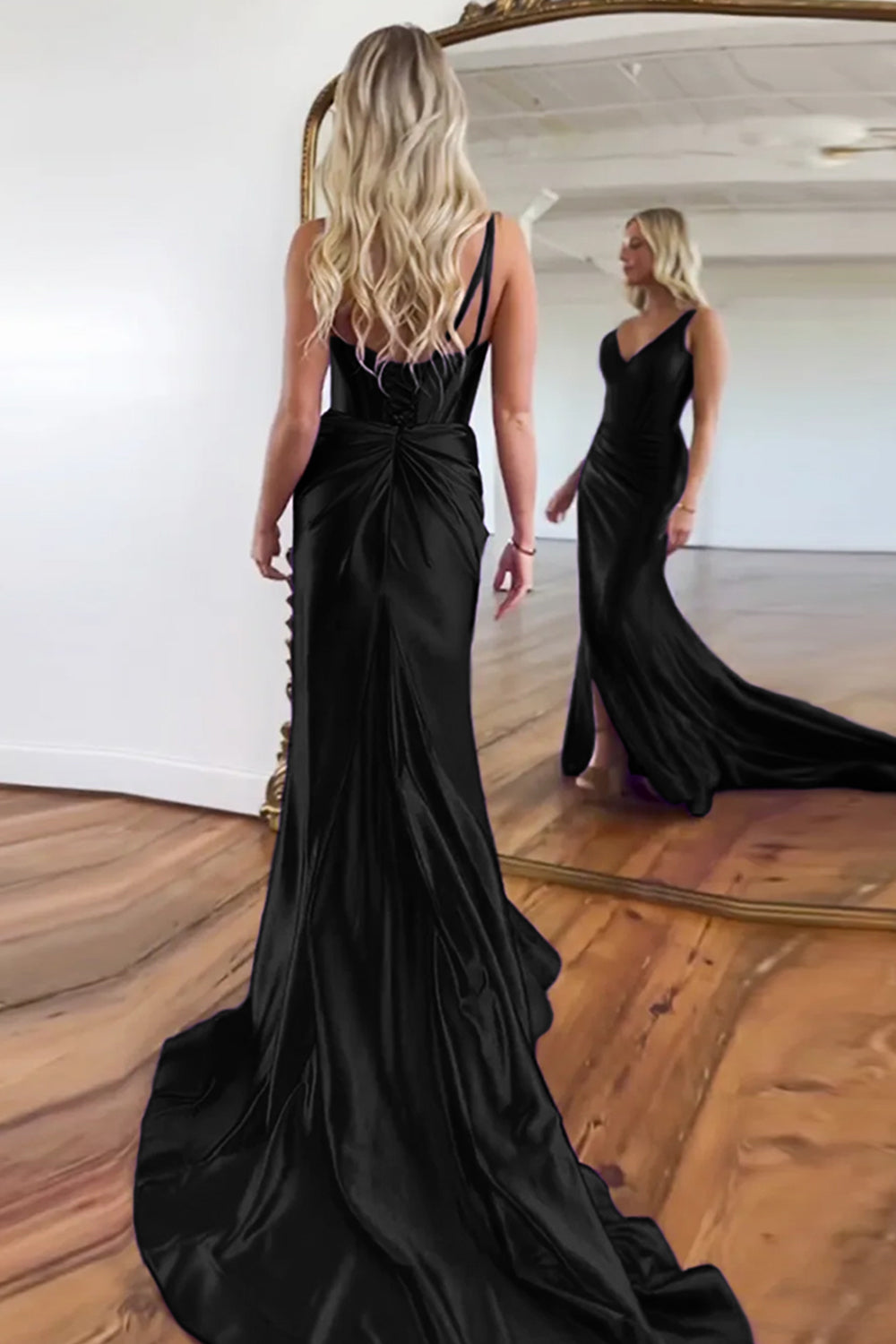 Purple Mermaid V-Neck Zipper Back Satin Long Prom Dress With Split