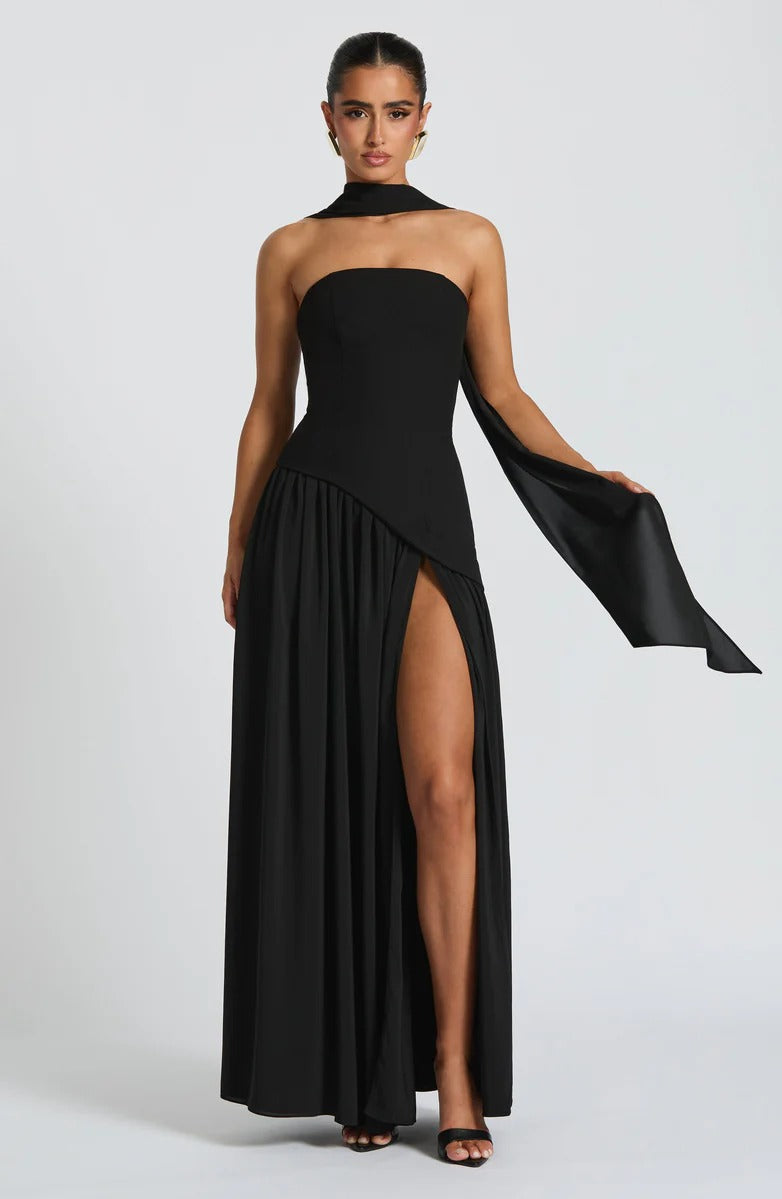 Strapless Asymmetric Drop Waist High Split Maxi Dress with Scarf 77