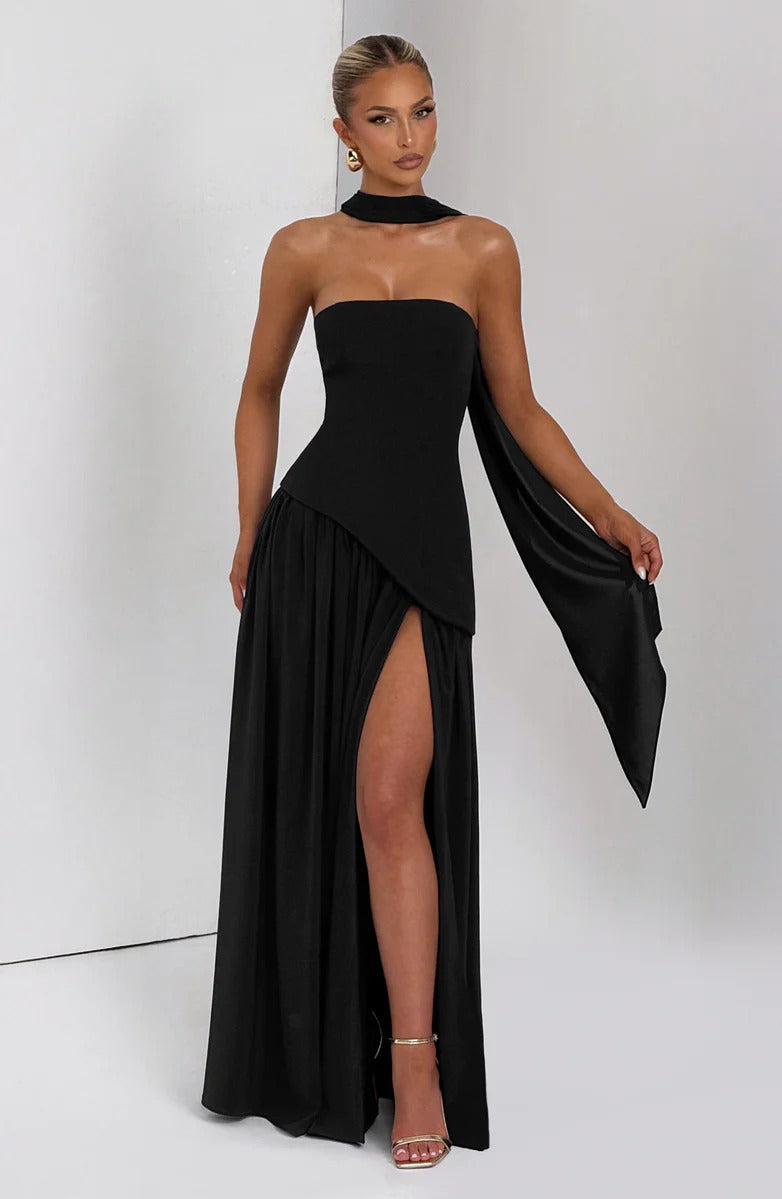 Strapless Asymmetric Drop Waist High Split Maxi Dress with Scarf 80