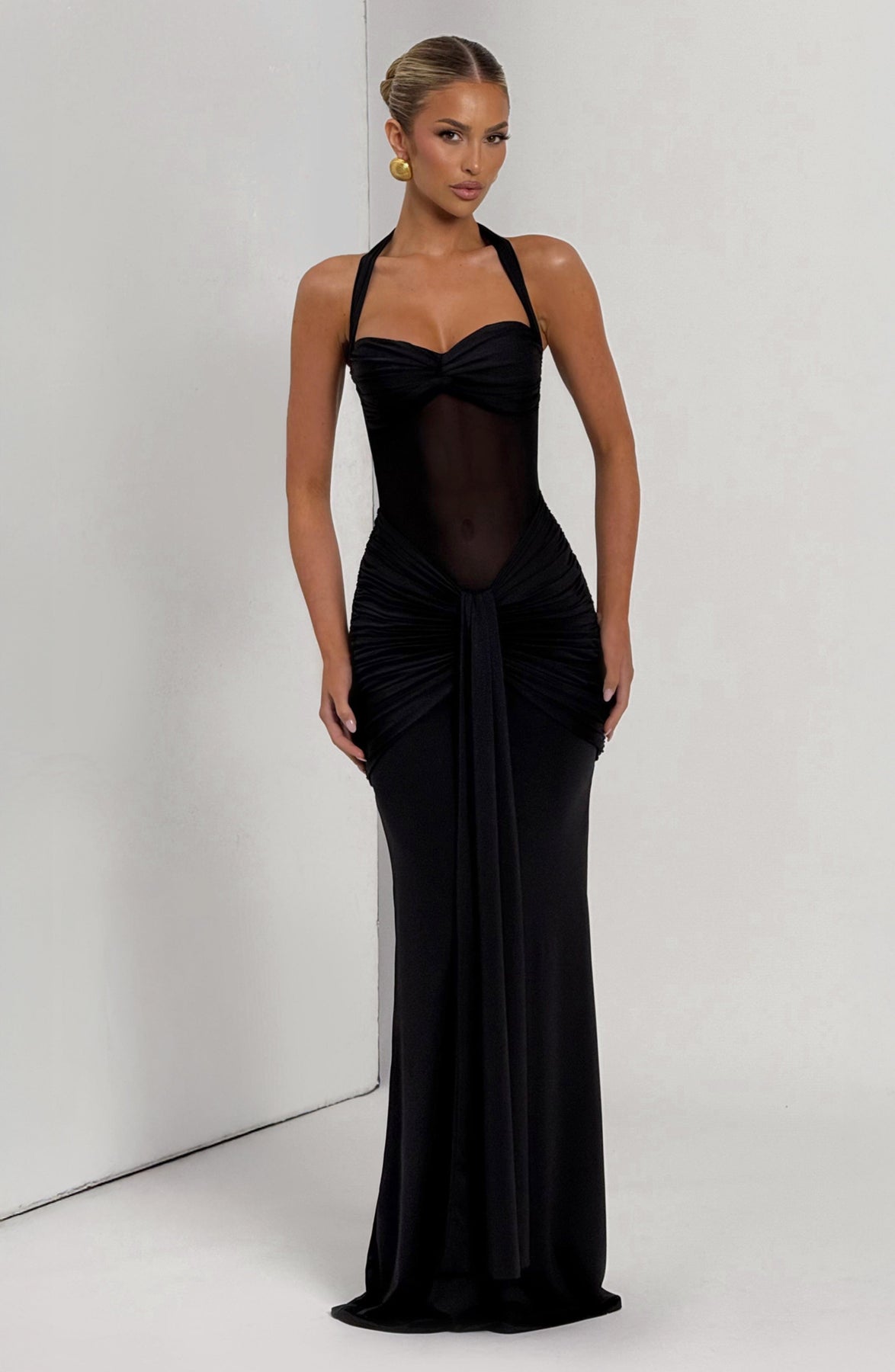 Halter Neck Twist Bust Sheer Mesh Ruched Drape Maxi Gown 21