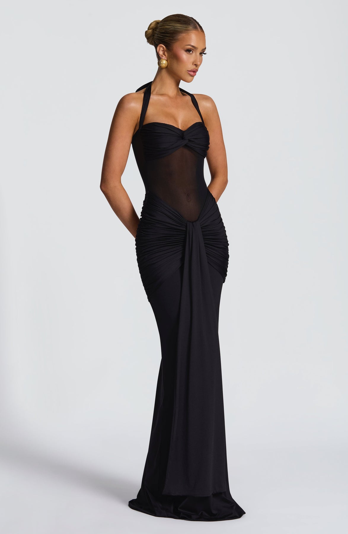 Halter Neck Twist Bust Sheer Mesh Ruched Drape Maxi Gown 18