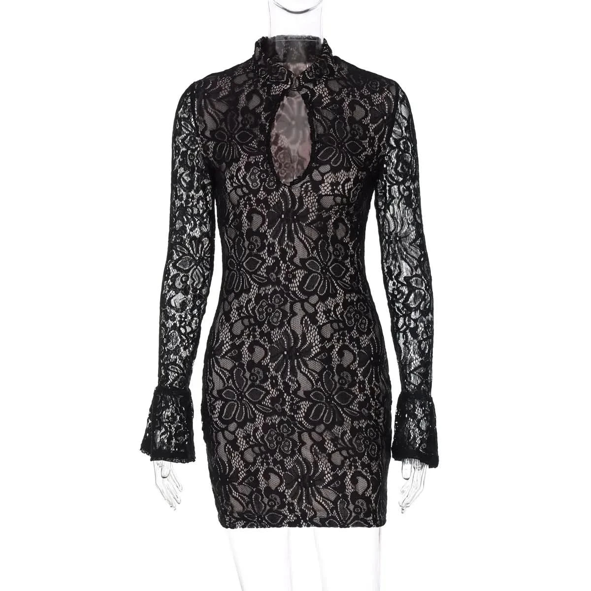 Lace Mock Neck Keyhole Cut Out Long Sleeve Bodycon Mini Dress 2