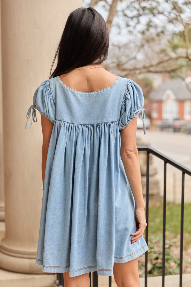 Chambray Square Neck Tie Puff Sleeve Babydoll Swing Mini Dress 5