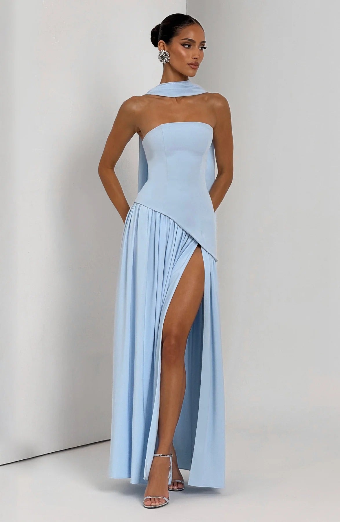 Strapless Asymmetric Drop Waist High Split Maxi Dress with Scarf 52