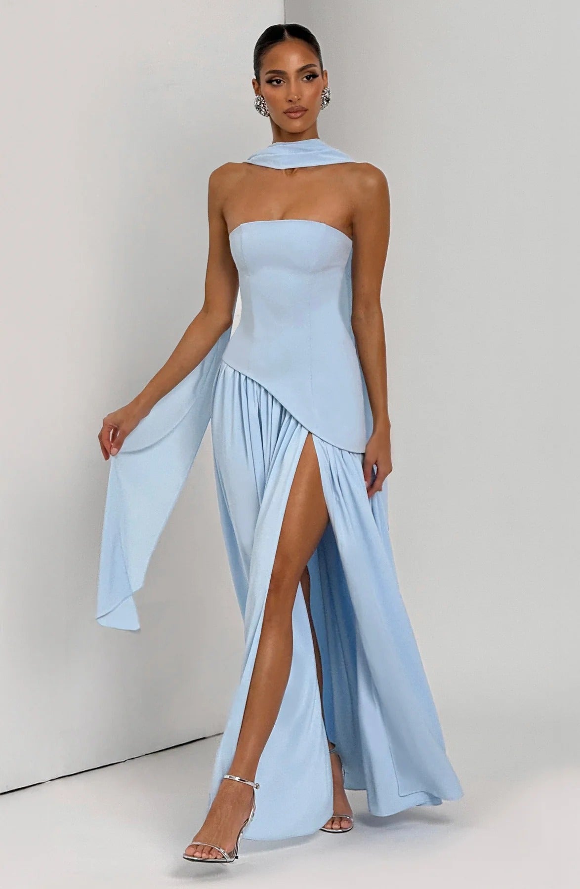 Strapless Asymmetric Drop Waist High Split Maxi Dress with Scarf 51