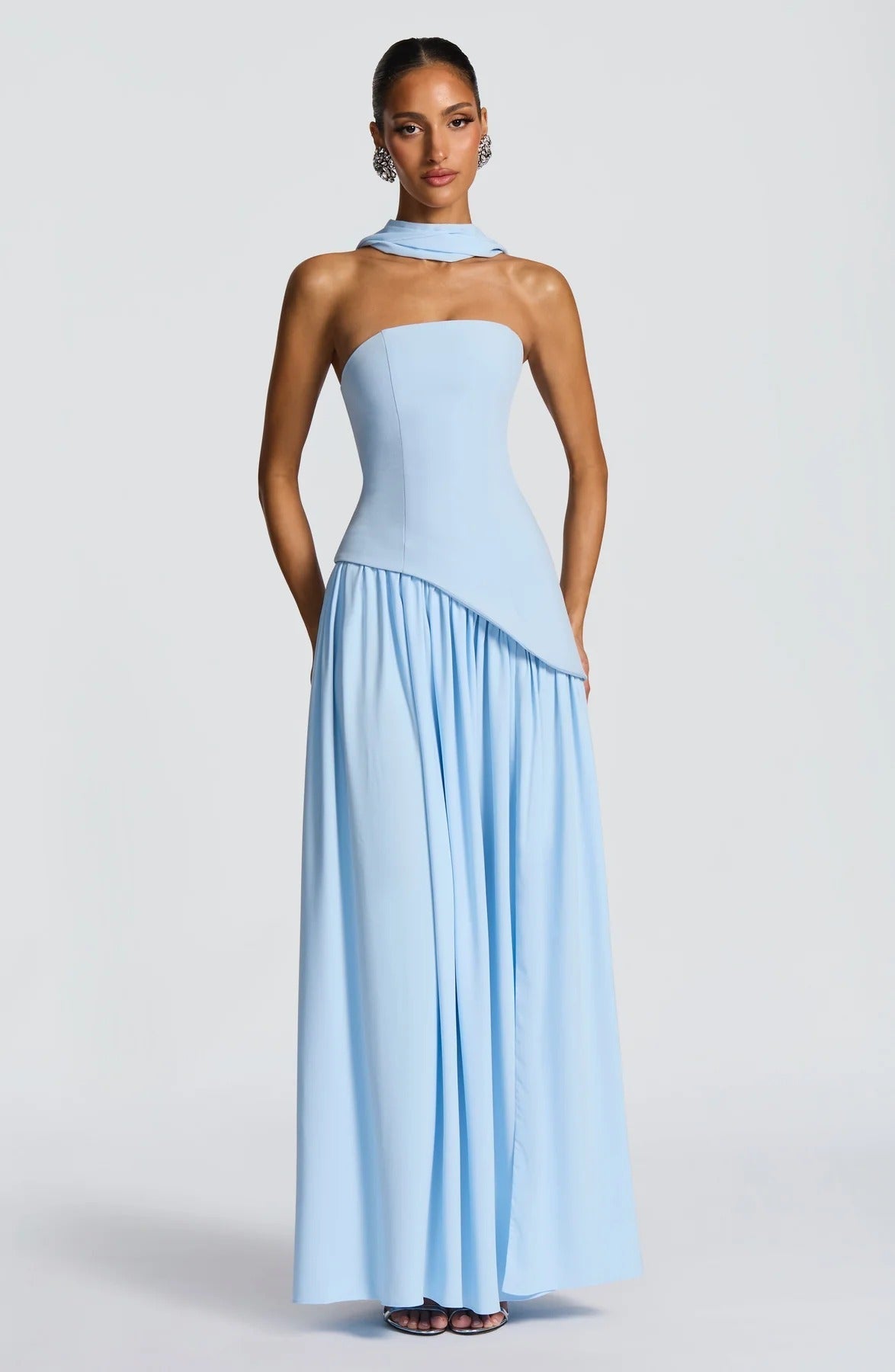 Strapless Asymmetric Drop Waist High Split Maxi Dress with Scarf 49