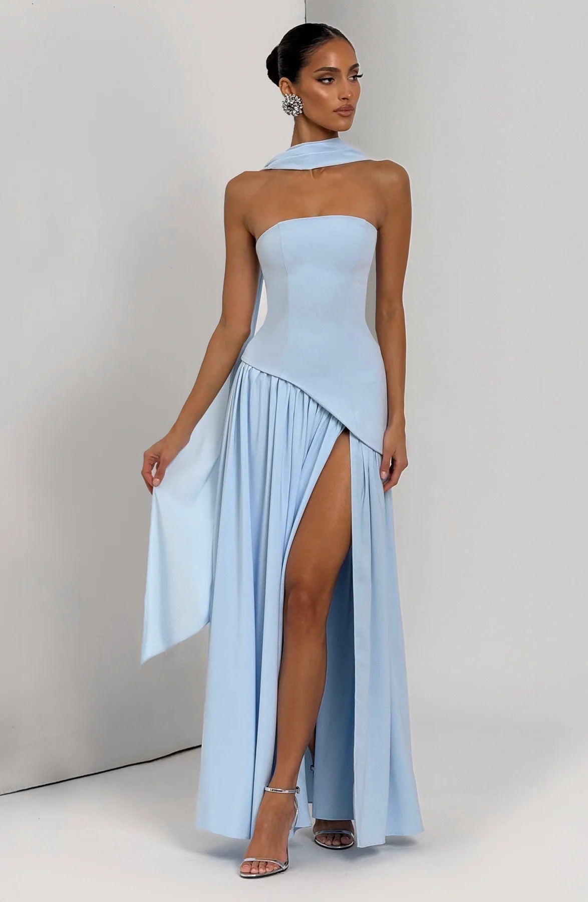 Strapless Asymmetric Drop Waist High Split Maxi Dress with Scarf 56