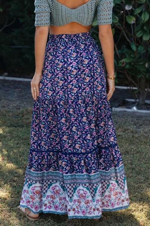 Floral Print Drawstring Waist Maxi Skirts