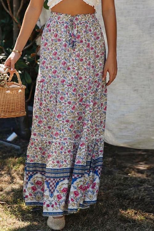 Floral Print Drawstring Waist Maxi Skirts