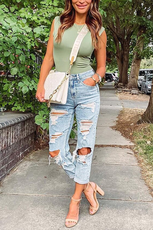 Ripped Straight Mid Waist Jeans