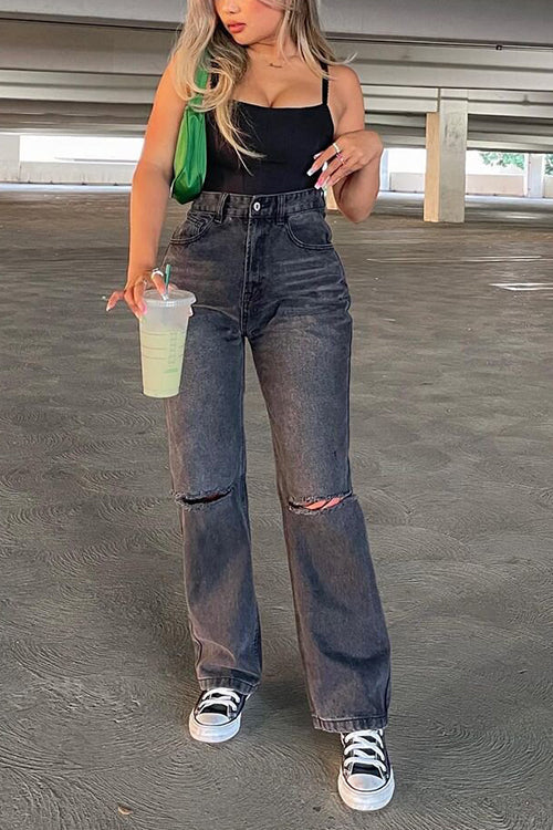 Black Borken Hole Straight Leg Jeans