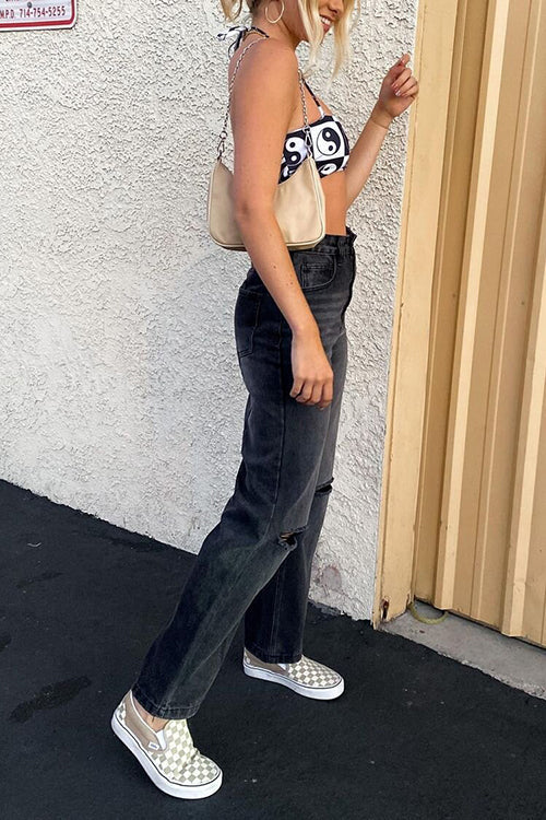 Black Borken Hole Straight Leg Jeans