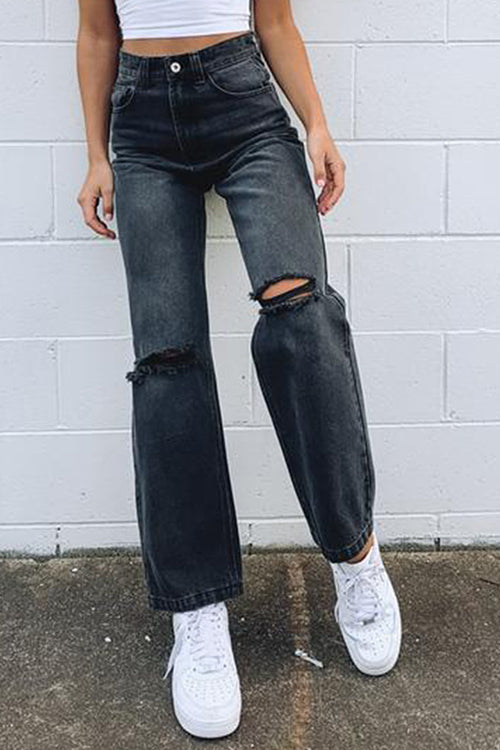 Black Borken Hole Straight Leg Jeans