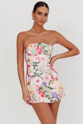 Floral Appliqué Strapless Mini Dress