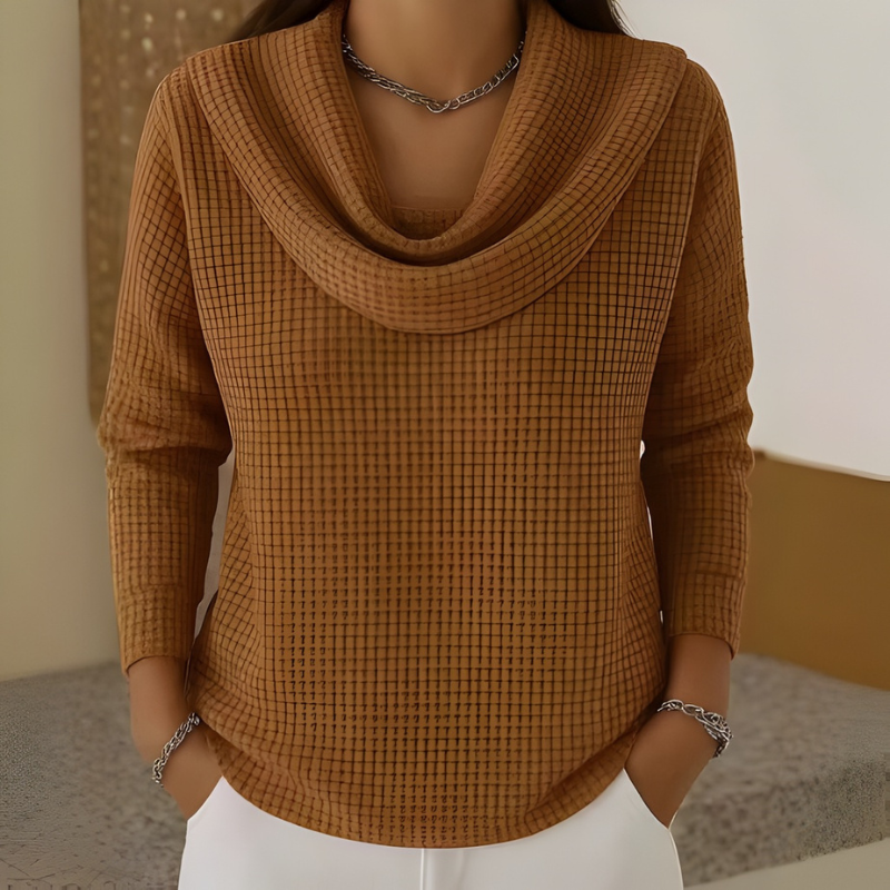 Cowl Neck Long Sleeve Waffle Knit Sweater