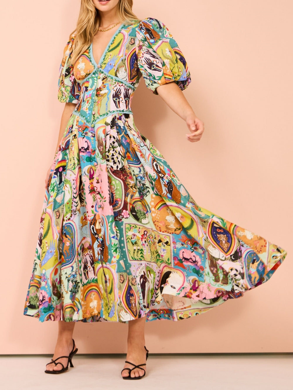 Scenic Print Deep V-Neck Puff Sleeve Tiered Midi Dress