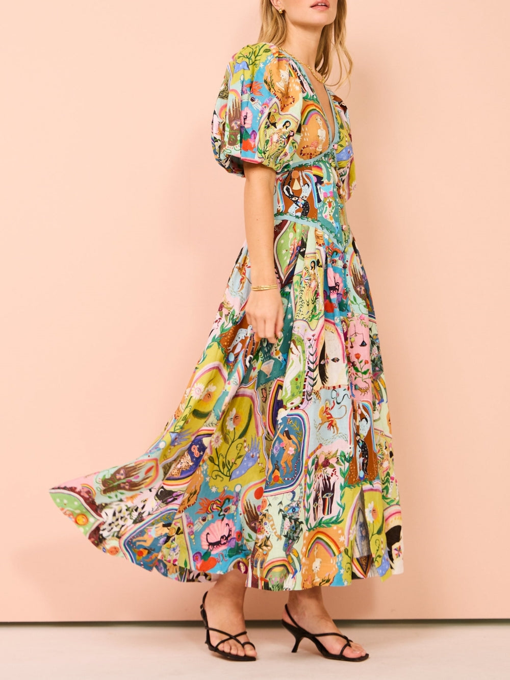 Scenic Print Deep V-Neck Puff Sleeve Tiered Midi Dress