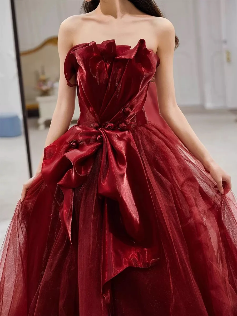 Pretty Burgundy Strapless Tulle Long Prom Dress Party Evening Dress  cc1920