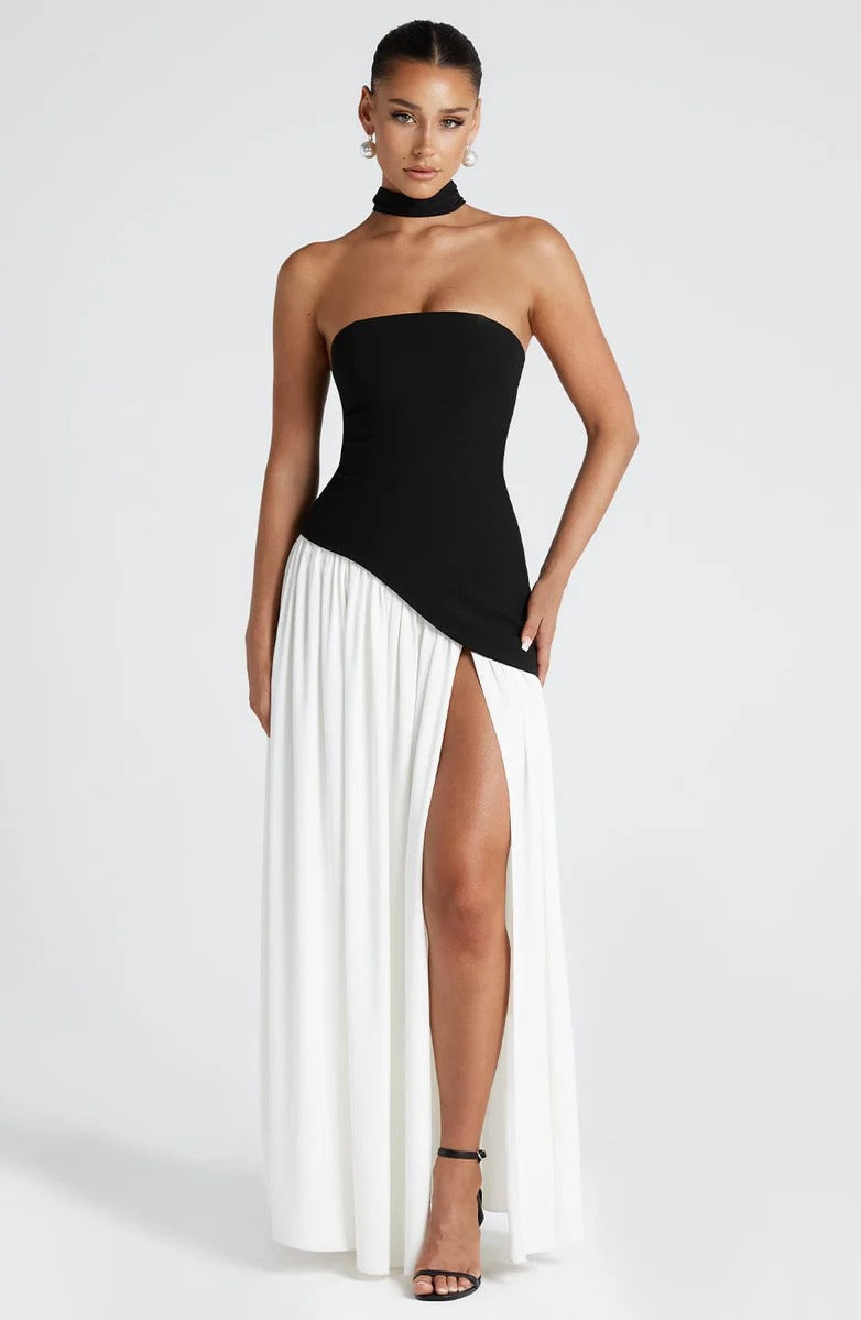 Strapless Asymmetric Drop Waist High Split Maxi Dress with Scarf 8
