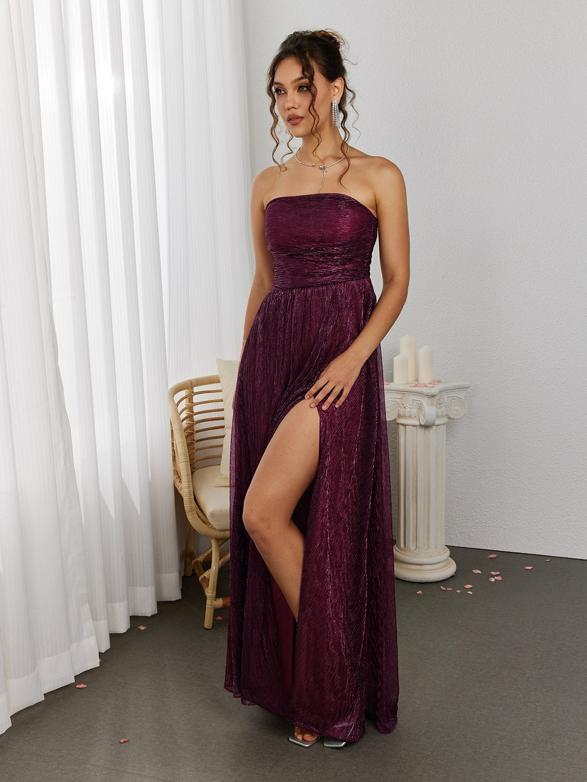 Glitter Pleated Strapless Ruched Bodice High Split Maxi Dress 6